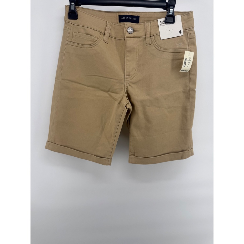 Aeropostale Womens 9 Inch Bermuda Seriously Stretch Khaki Shorts Tan Style 5060